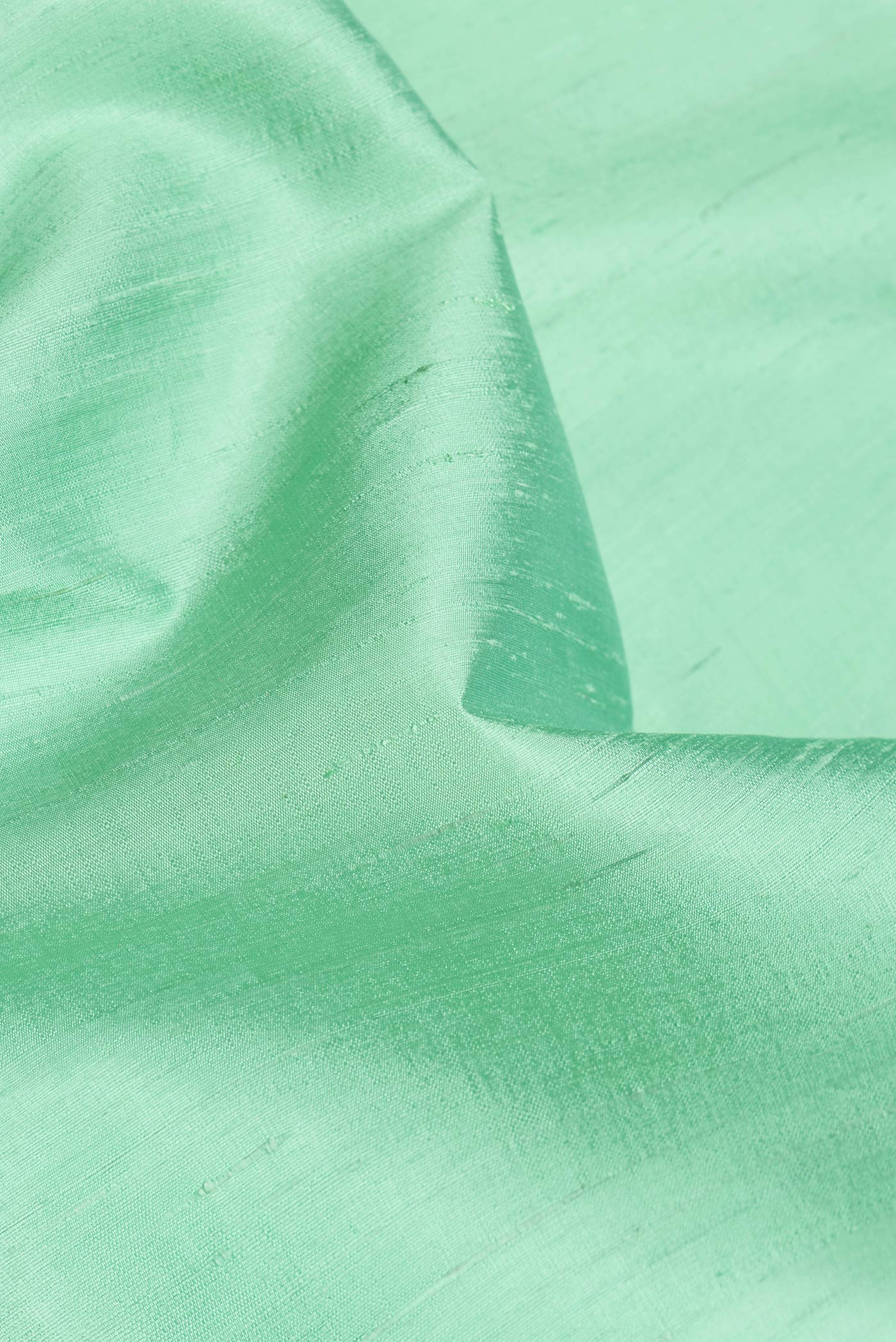 Close up of Pista Green Dual Tone Raw Silk Saree with Plain Body and Zari Border.  displaying folds