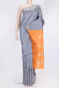 Grey Dual Tone Raw Silk Saree with Plain Body and Zari Border.  displayed on a mannequin