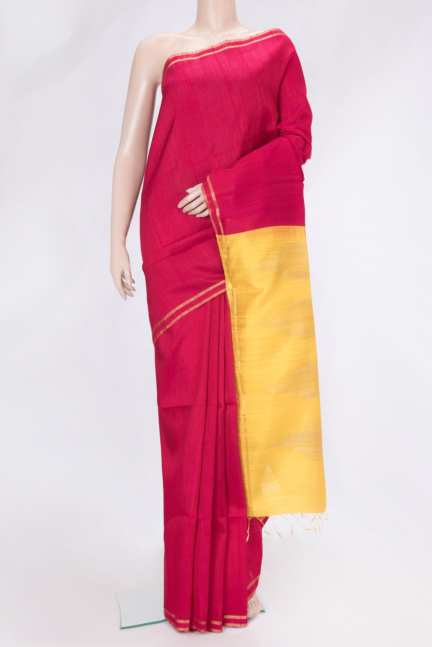 Pink Dual Tone Raw Silk Saree with Plain Body and Zari Border.  displayed on a mannequin