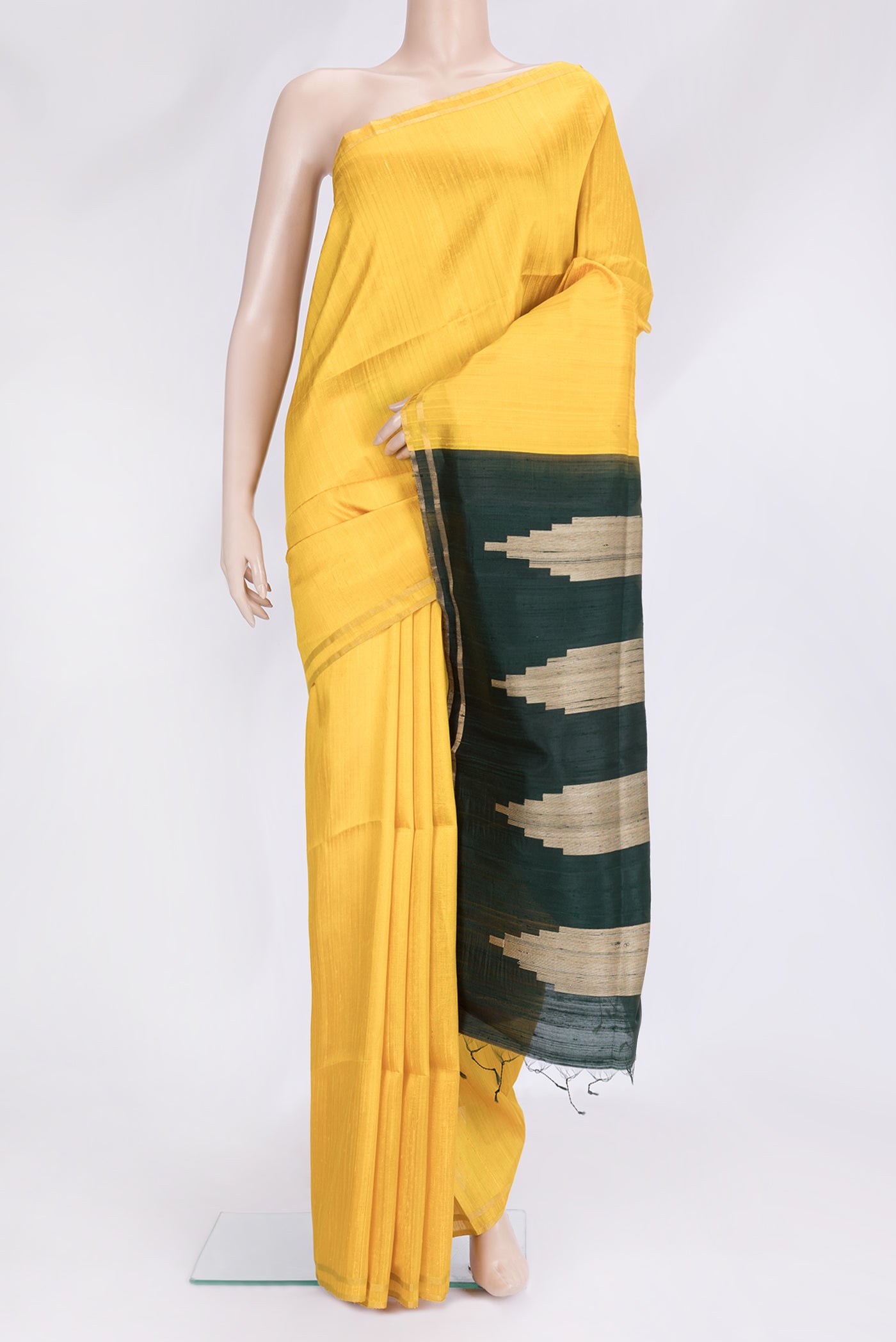 Yellow Dual Tone Raw Silk Saree with Plain Body and Zari Border.  displayed on a mannequin