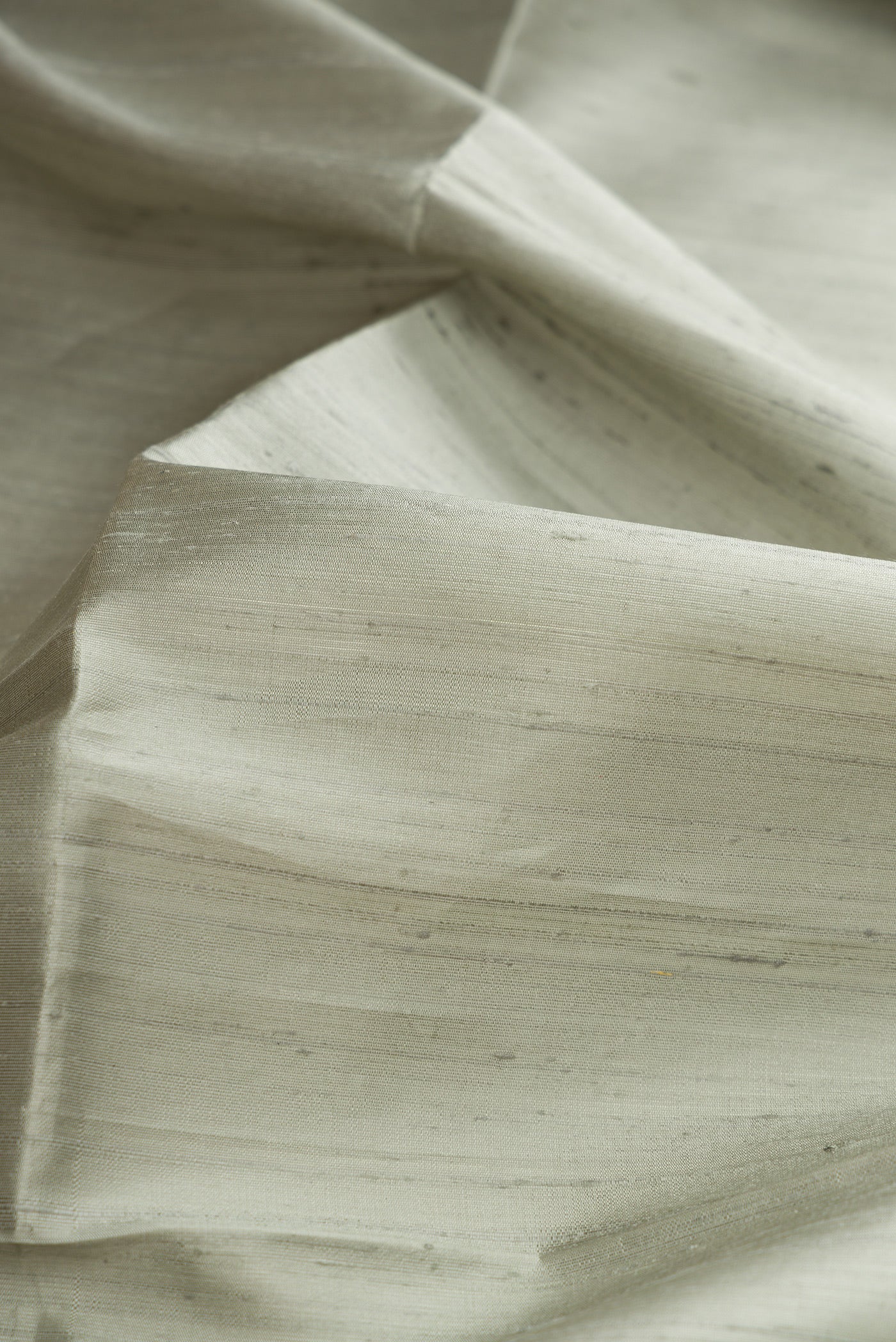 Close up of Grey Dual Tone Raw Silk Saree with Printed design on the body and Zari Border.  displaying folds