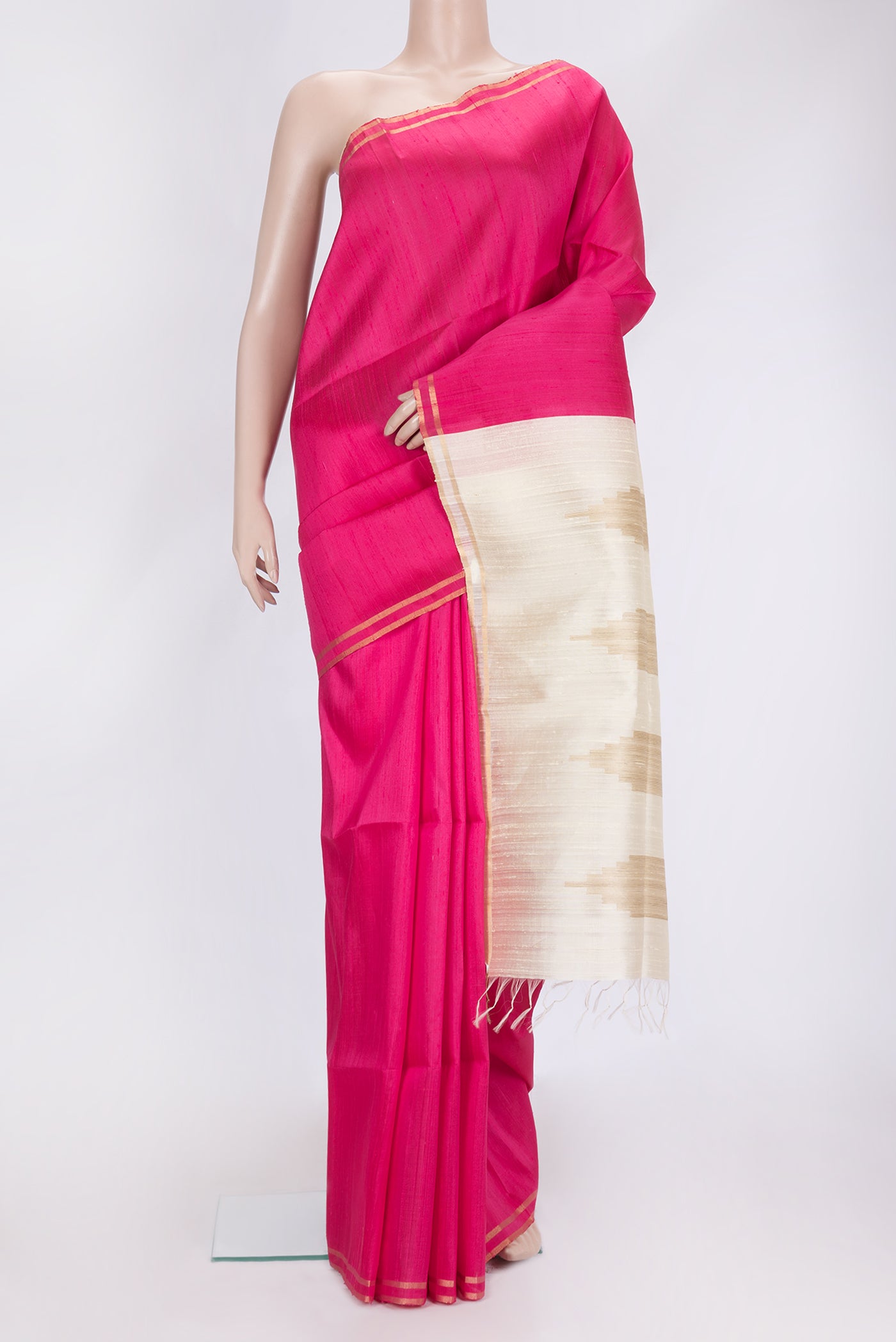 Pink Dual Tone Raw Silk Saree with Plain Body and Zari Border.  displayed on a mannequin