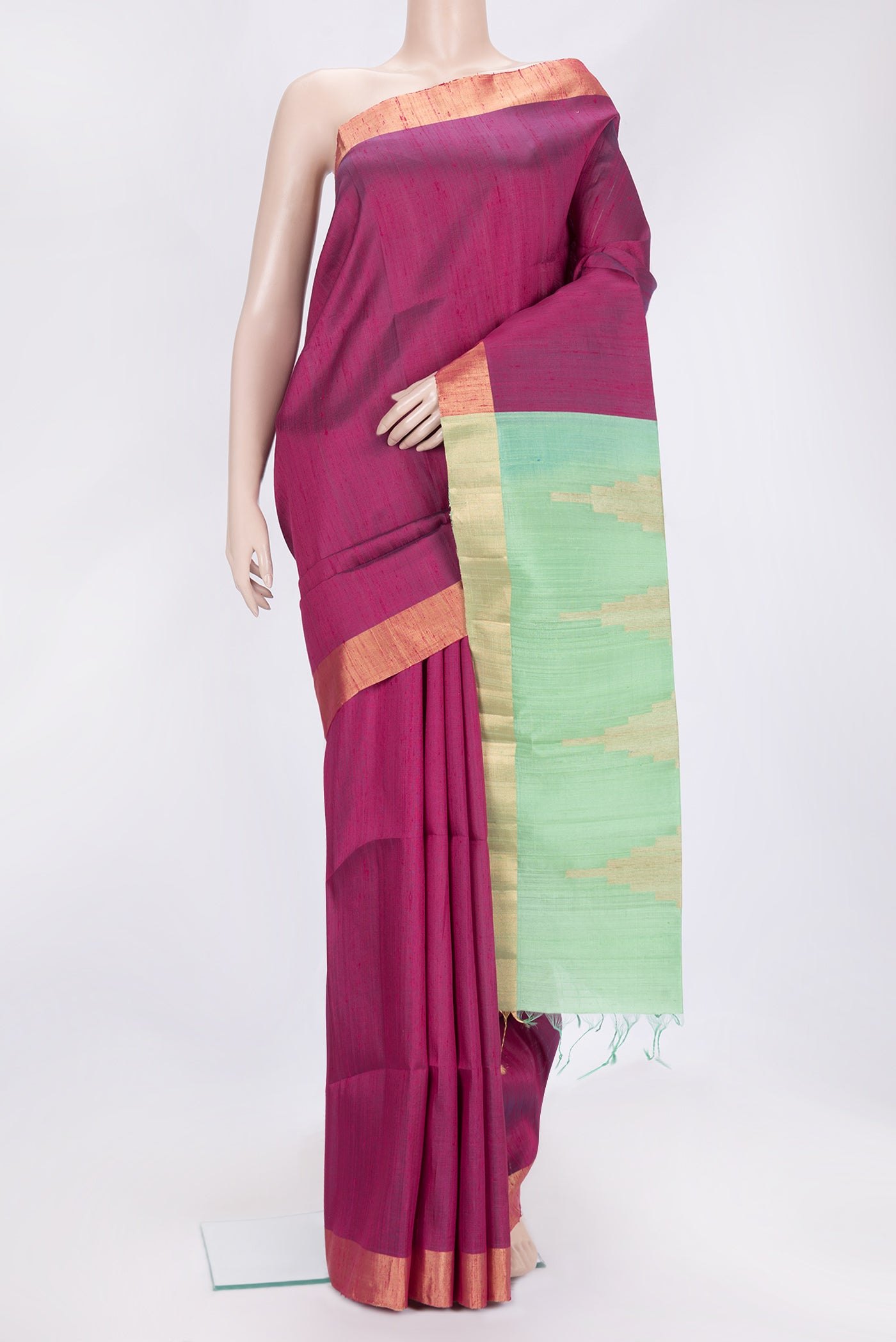 Dark Pink Dual Tone Banarasi Raw Silk Saree with Plain Body and Zari Border.  displayed on a mannequin