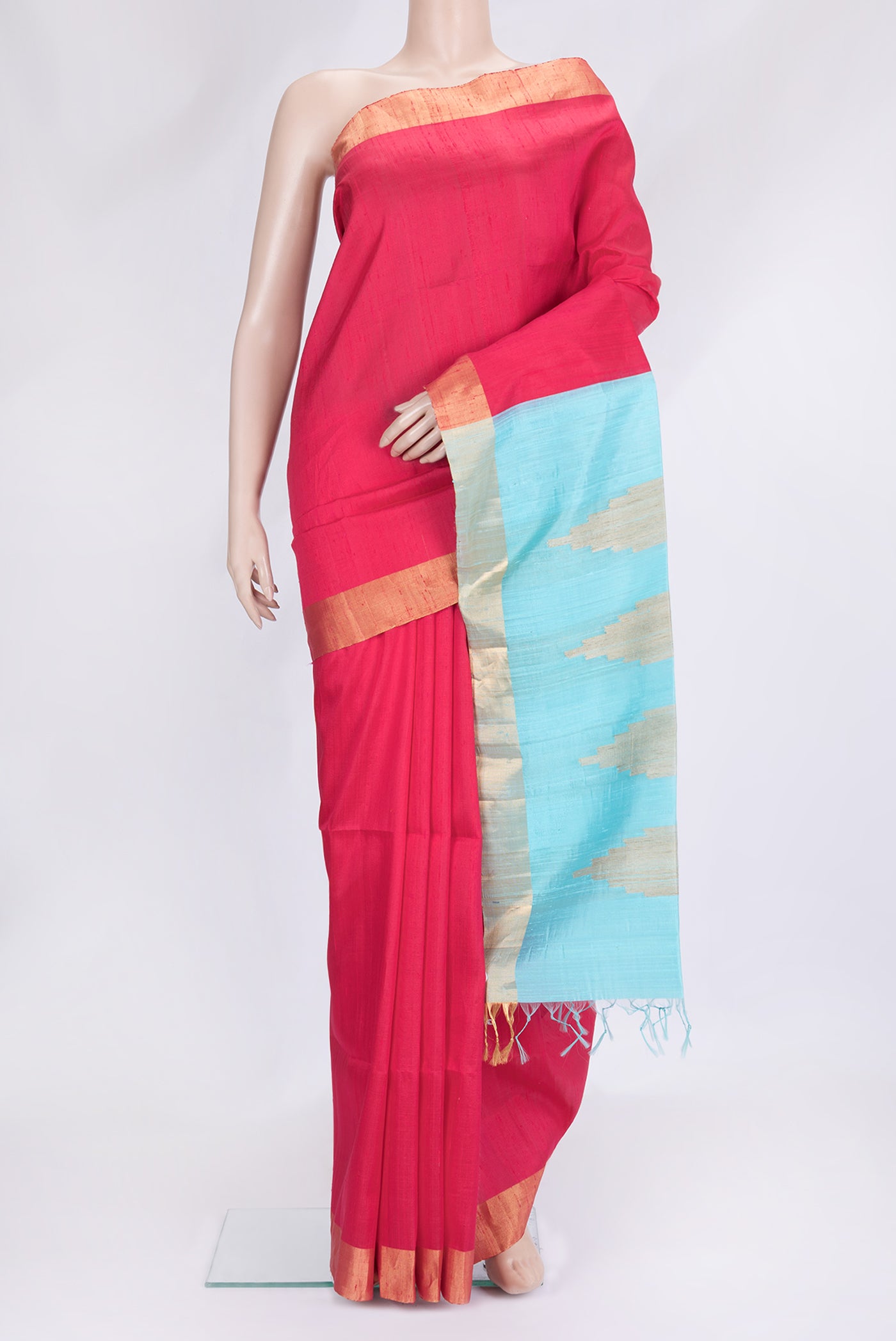 Pink Dual Tone Raw Silk Saree with Plain Body and Zari Border.  displayed on a mannequin