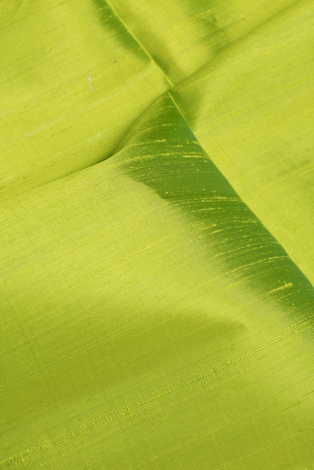 Close up of Parrot Green Dual Tone Raw Silk Saree with Plain Body and Zari Border.  displaying folds
