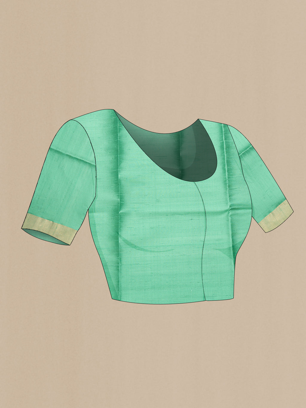 Close up image of the blouse of Bottle Green Dual Tone Raw Silk Saree with Plain Body and Zari Border. 