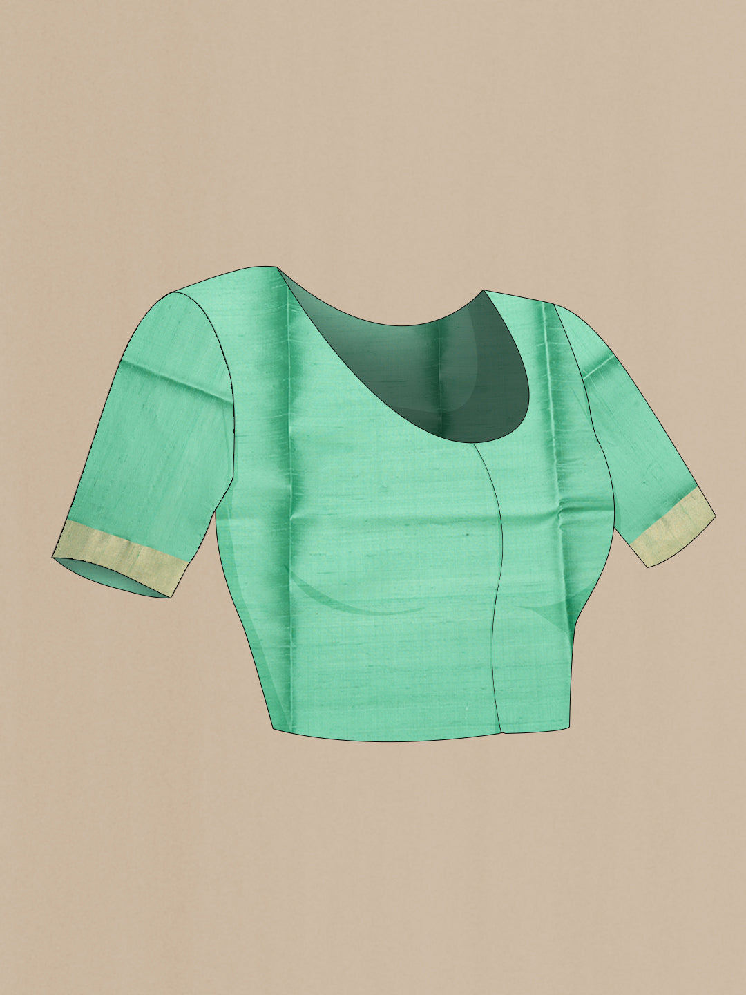 Close up image of the blouse of Bottle Green Dual Tone Raw Silk Saree with Plain Body and Zari Border. 