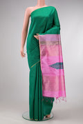 Green Dual Tone Raw Silk Saree with Checked design on the body and Thin Zari Line.  displayed on a mannequin