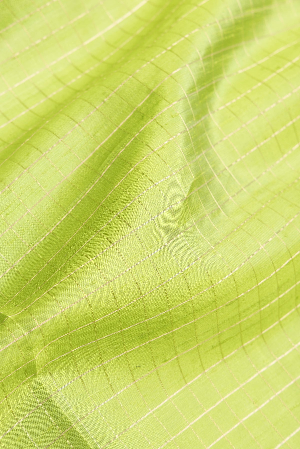 Close up of Parrot Green Dual Tone Raw Silk Saree with Checked design on the body and Thin Zari Line.  displaying folds