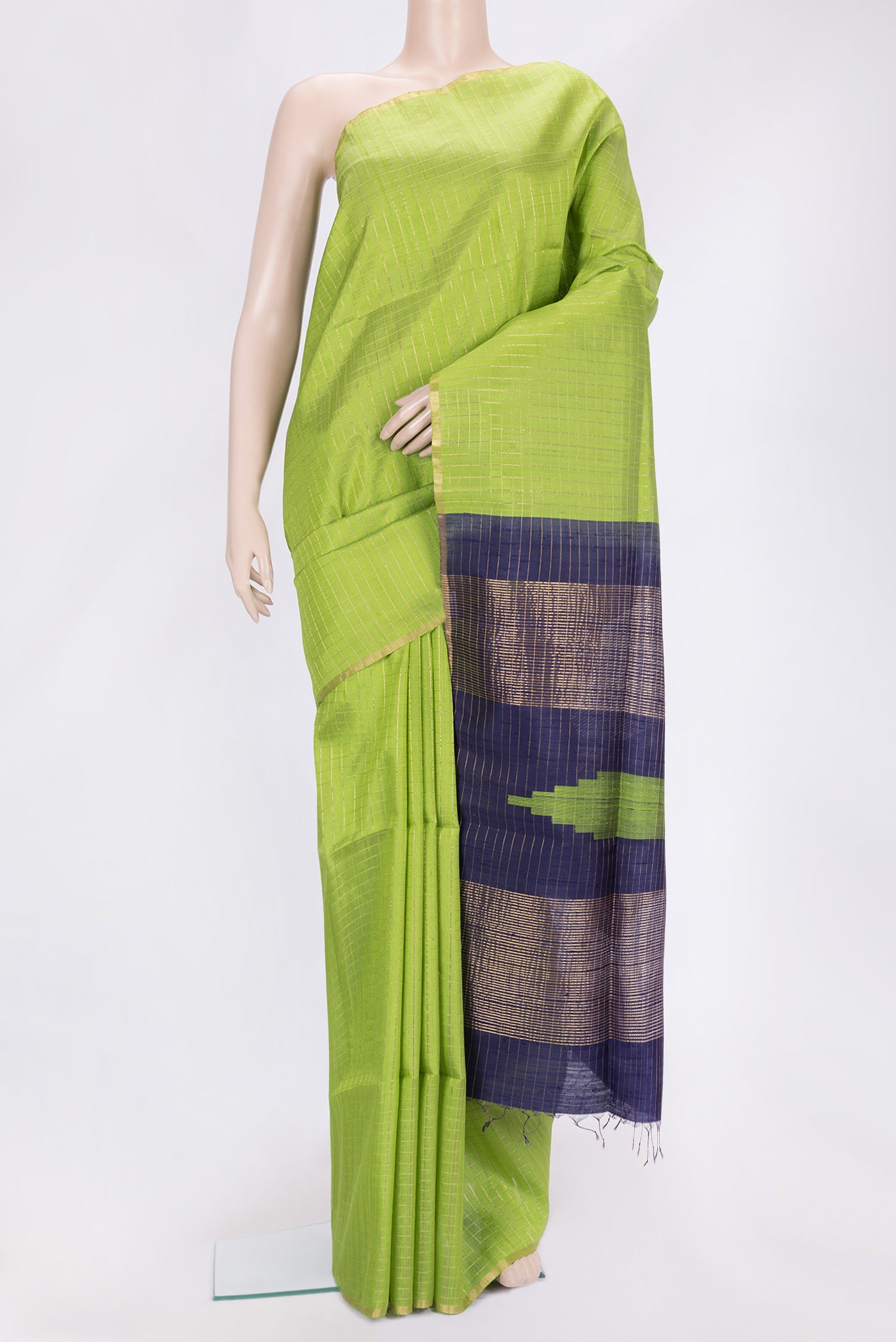 Parrot Green Dual Tone Raw Silk Saree with Checked design on the body and Thin Zari Line.  displayed on a mannequin