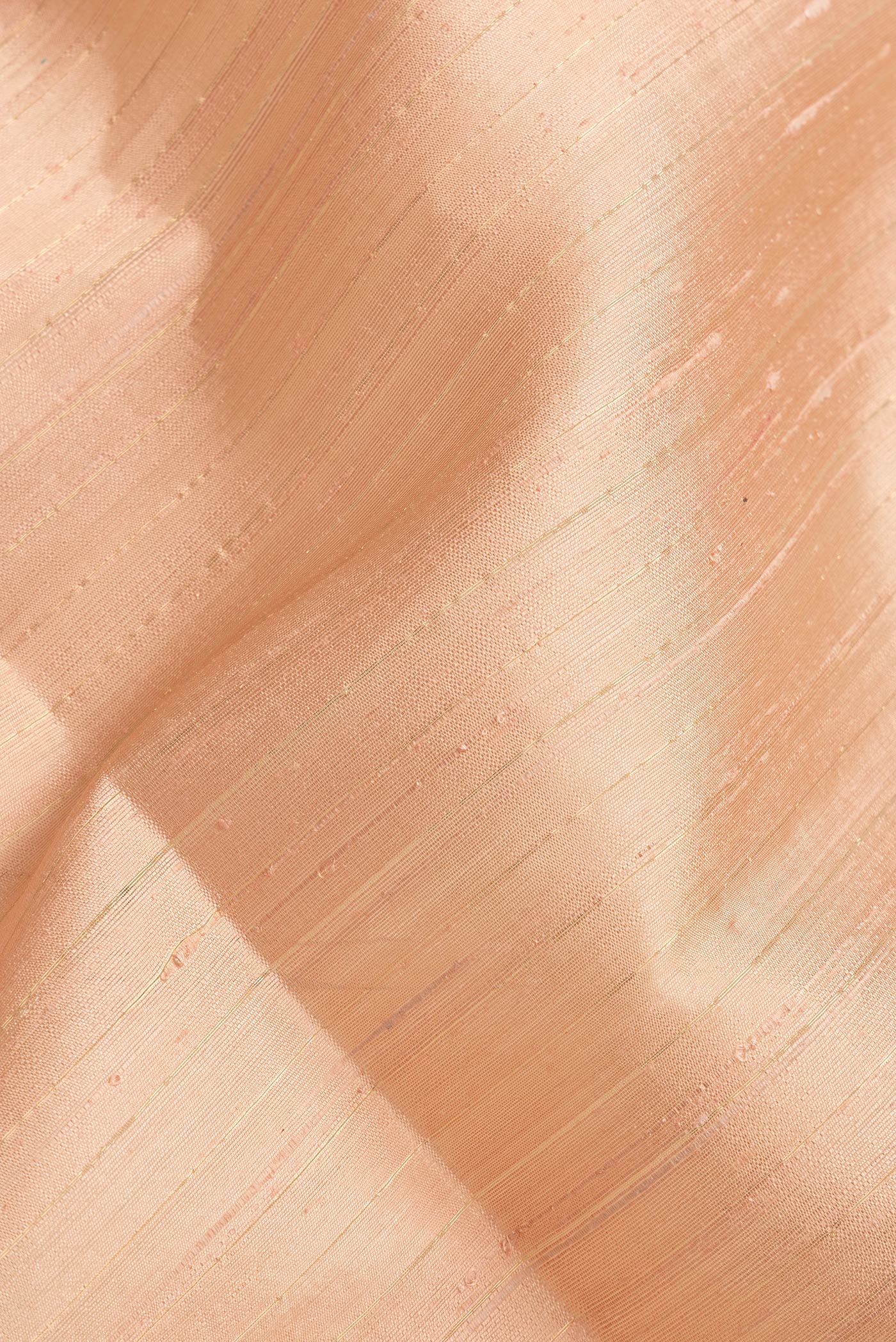 Close up of Golden Peach Dual Tone Raw Silk Saree with Stripes on the body and Temple Border.  displaying folds