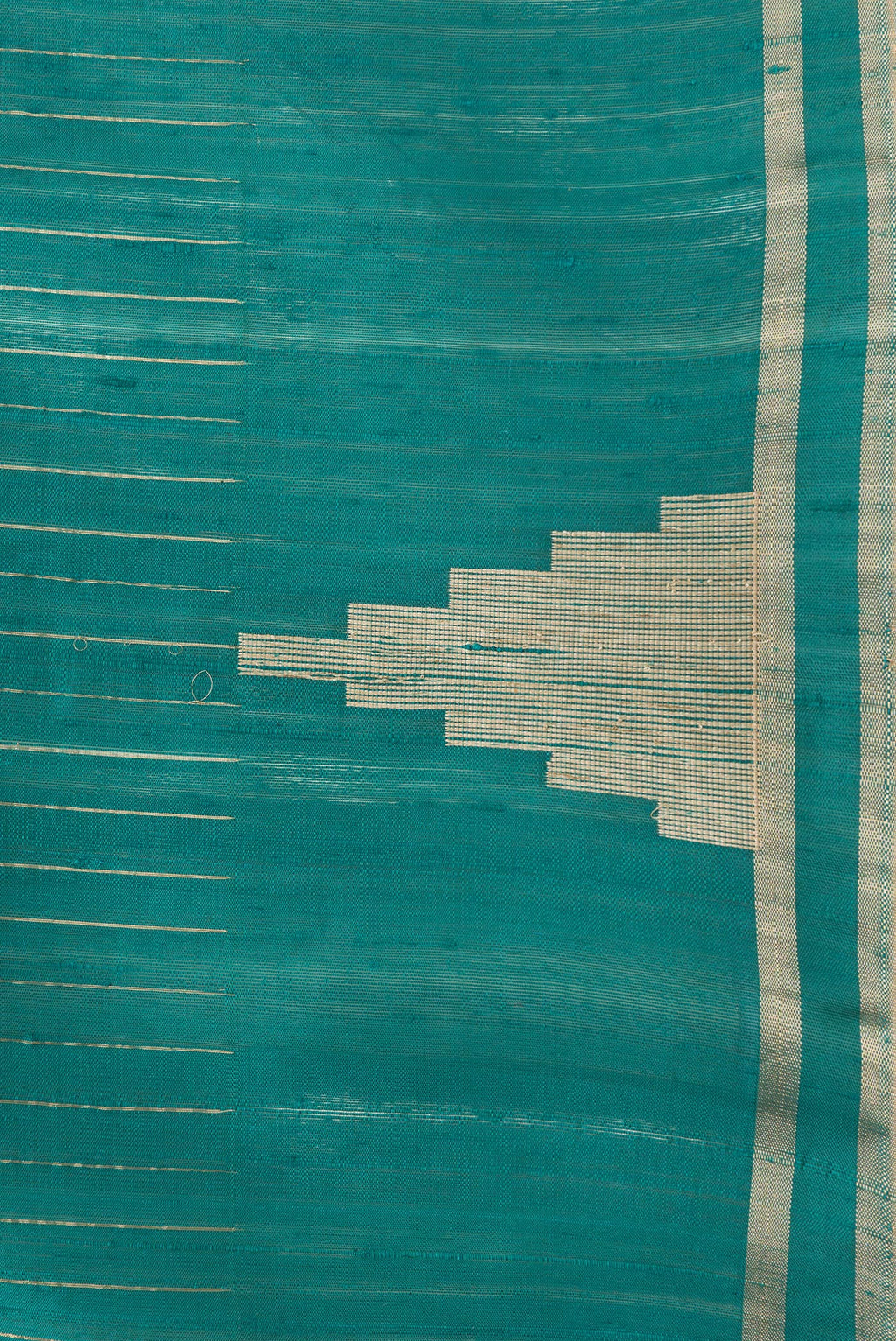Border image of Peacock Blue Dual Tone Raw Silk Saree with Stripes on the body and Temple Border. 
