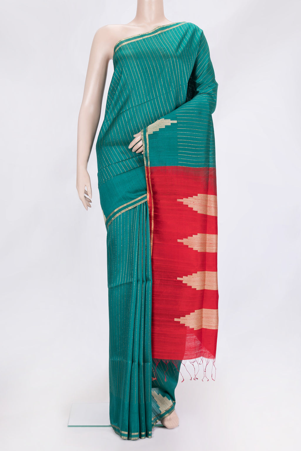 Peacock Blue Dual Tone Raw Silk Saree with Stripes on the body and Temple Border.  displayed on a mannequin