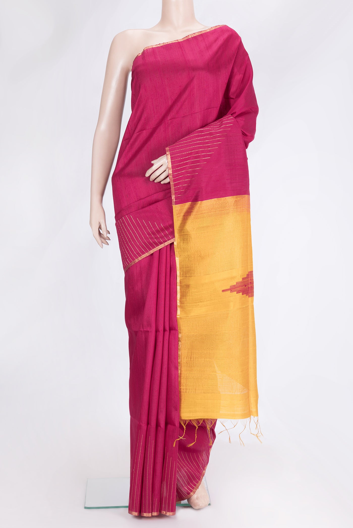 Pink Dual Tone Raw Silk Saree with Plain Body and Thin Zari Line.  displayed on a mannequin
