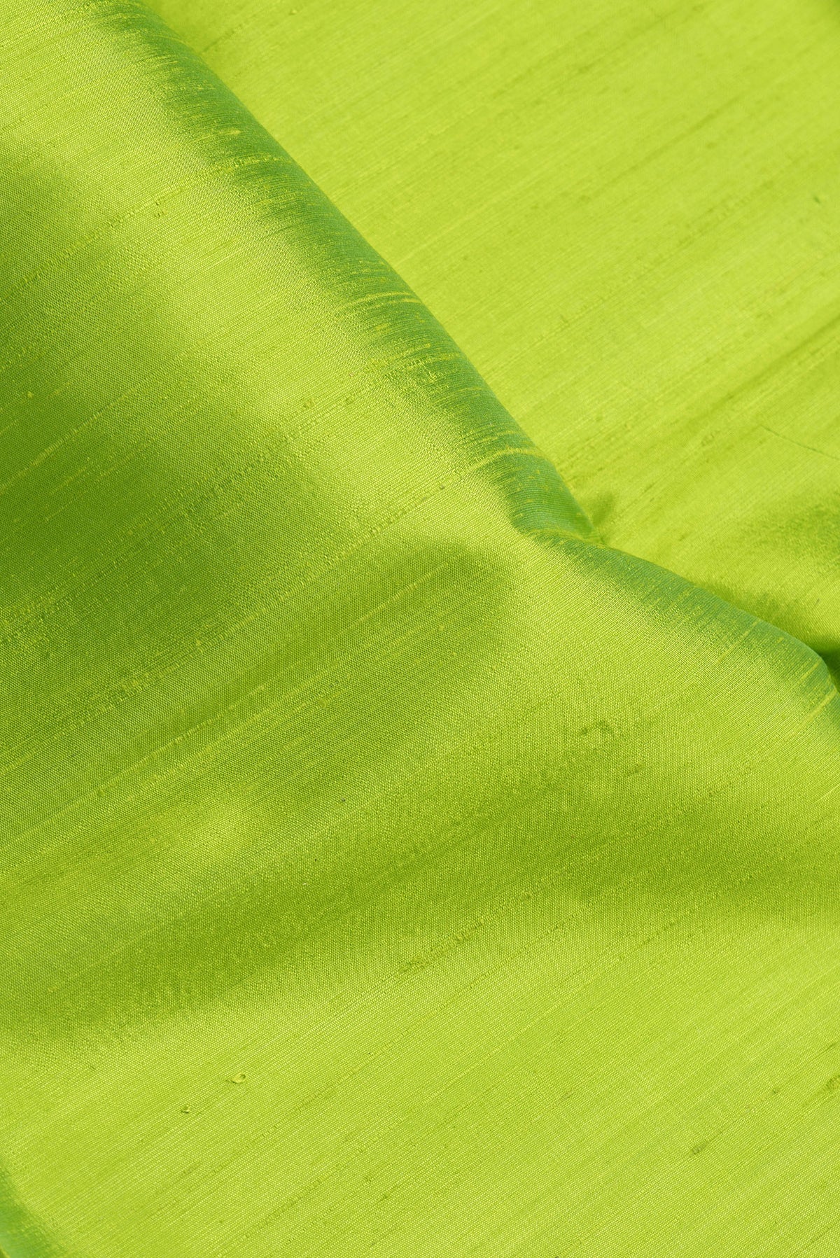Close up of Parrot Green Dual Tone Raw Silk Saree with Plain Body and Fancy Border.  displaying folds