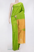 Parrot Green Dual Tone Raw Silk Saree with Plain Body and Fancy Border.  displayed on a mannequin