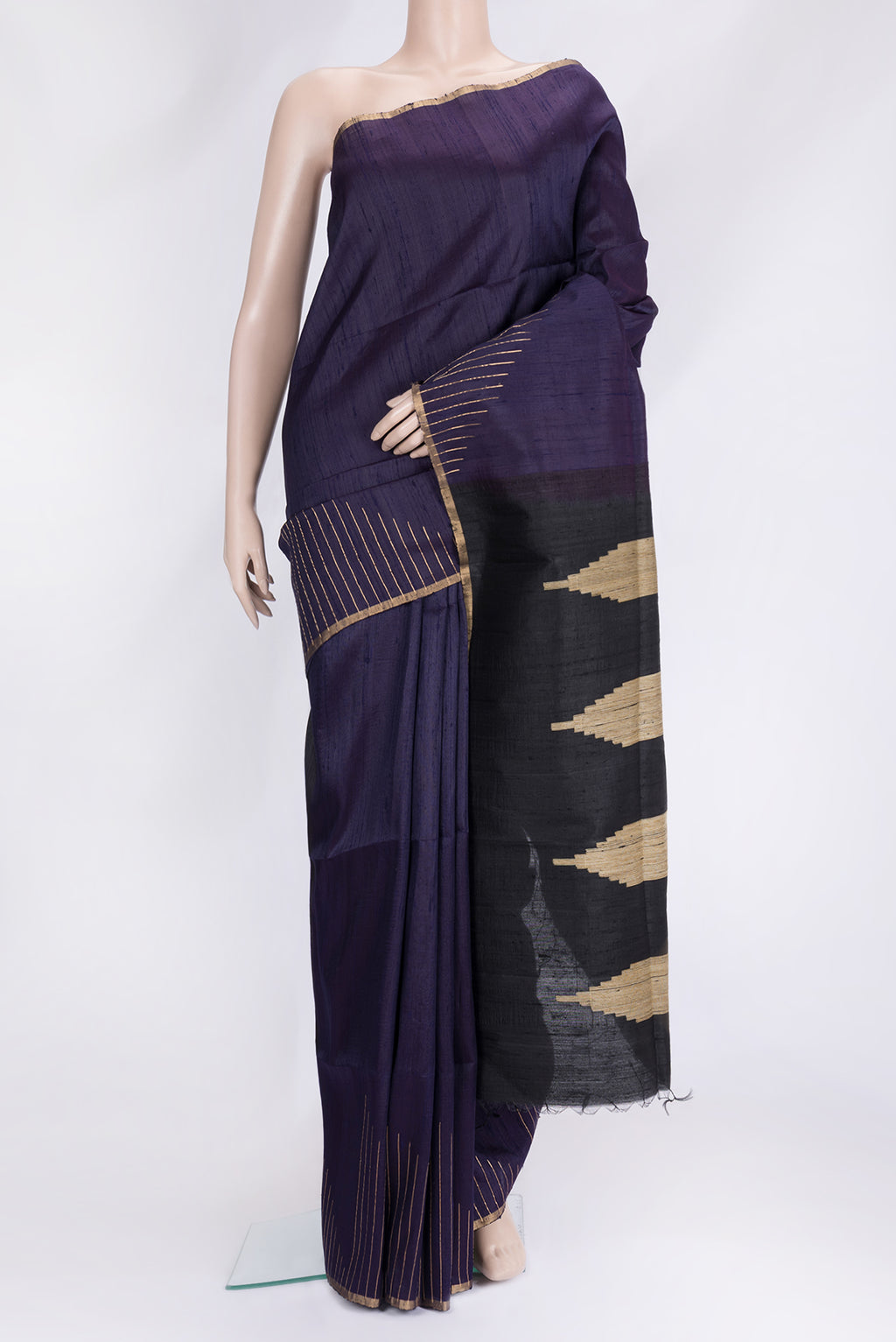 Navy Blue Dual Tone Raw Silk Saree with Plain Body and Plain Border.  displayed on a mannequin