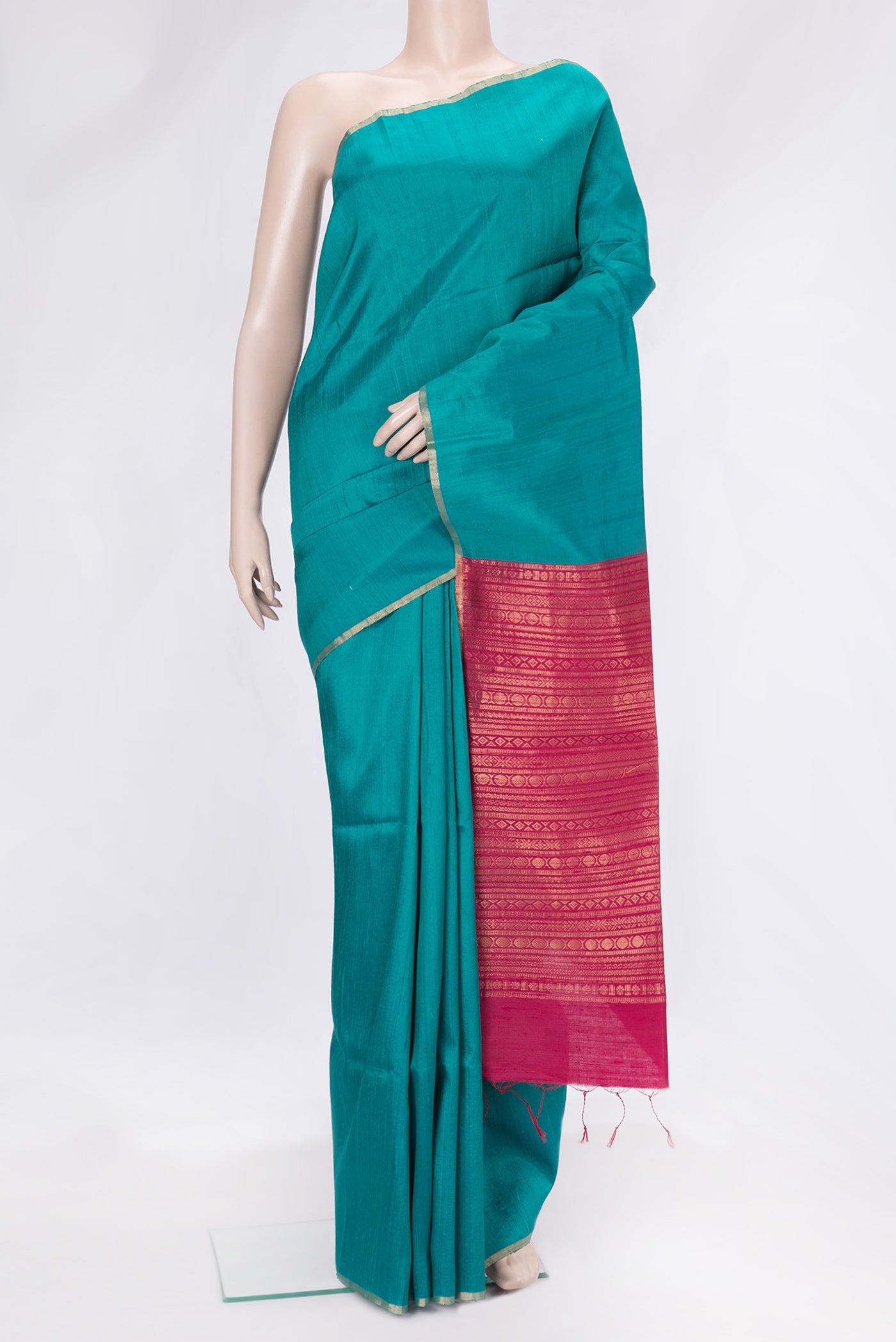 Sky Blue Dual Tone Raw Silk Saree with Plain Body and Zari Border.  displayed on a mannequin