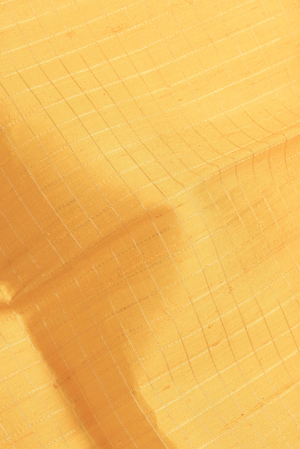 Close up of Yellow Dual Tone Raw Silk Saree with Checked design on the body and Zari Border.  displaying folds