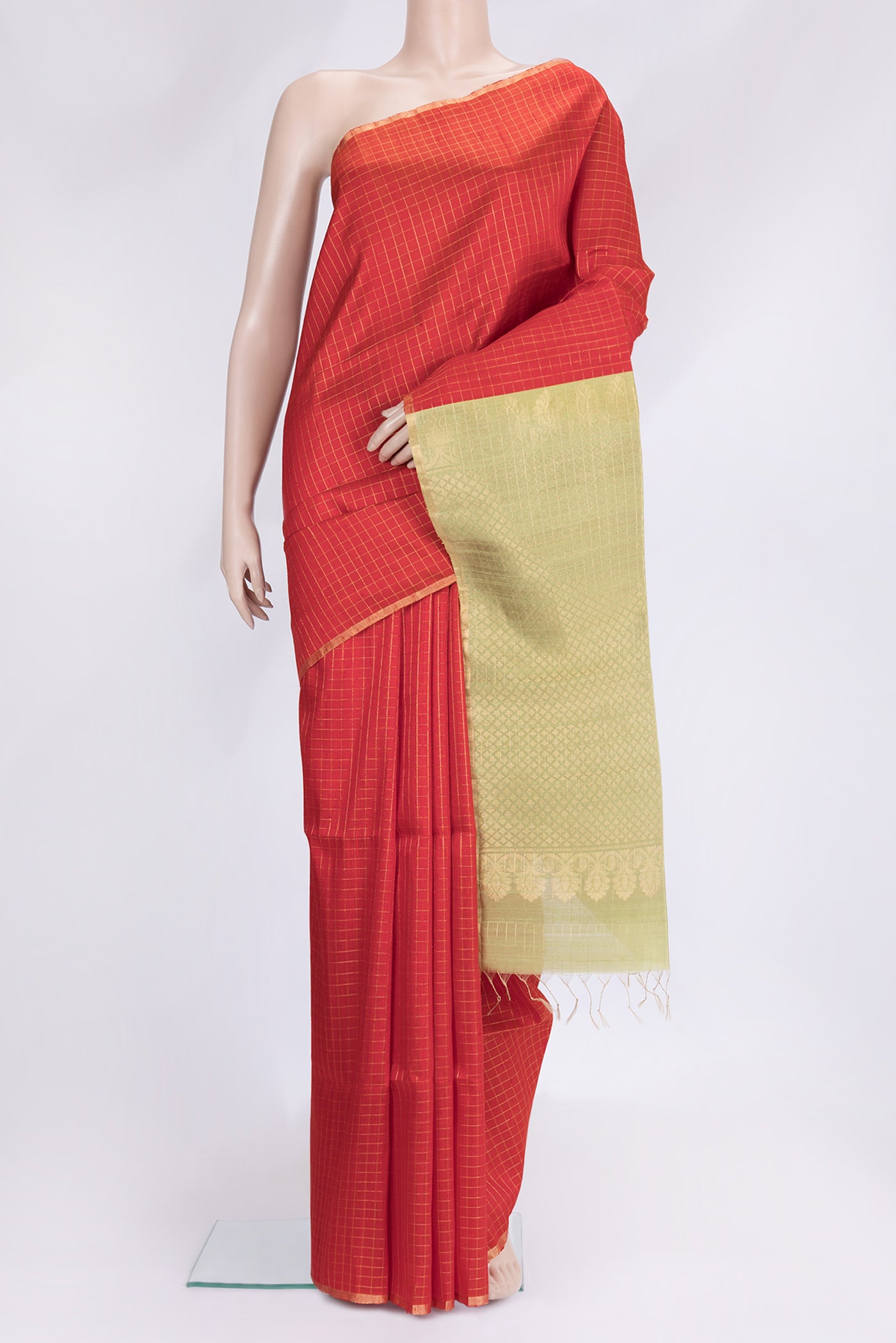 Red Dual Tone Raw Silk Saree with Checked design on the body and Zari Border.  displayed on a mannequin
