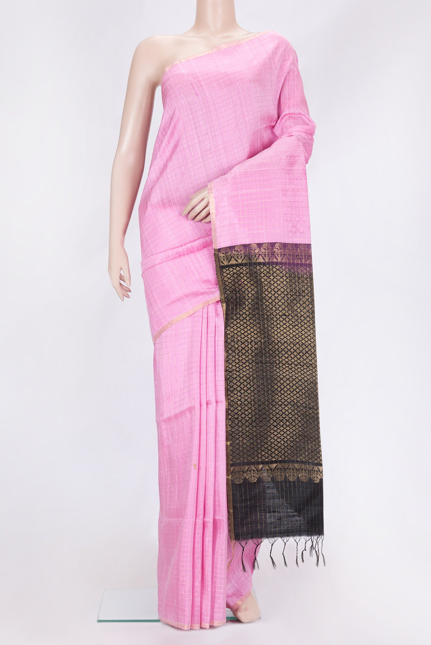 Pink Dual Tone Raw Silk Saree with Checked design on the body and Thin Zari Line.  displayed on a mannequin