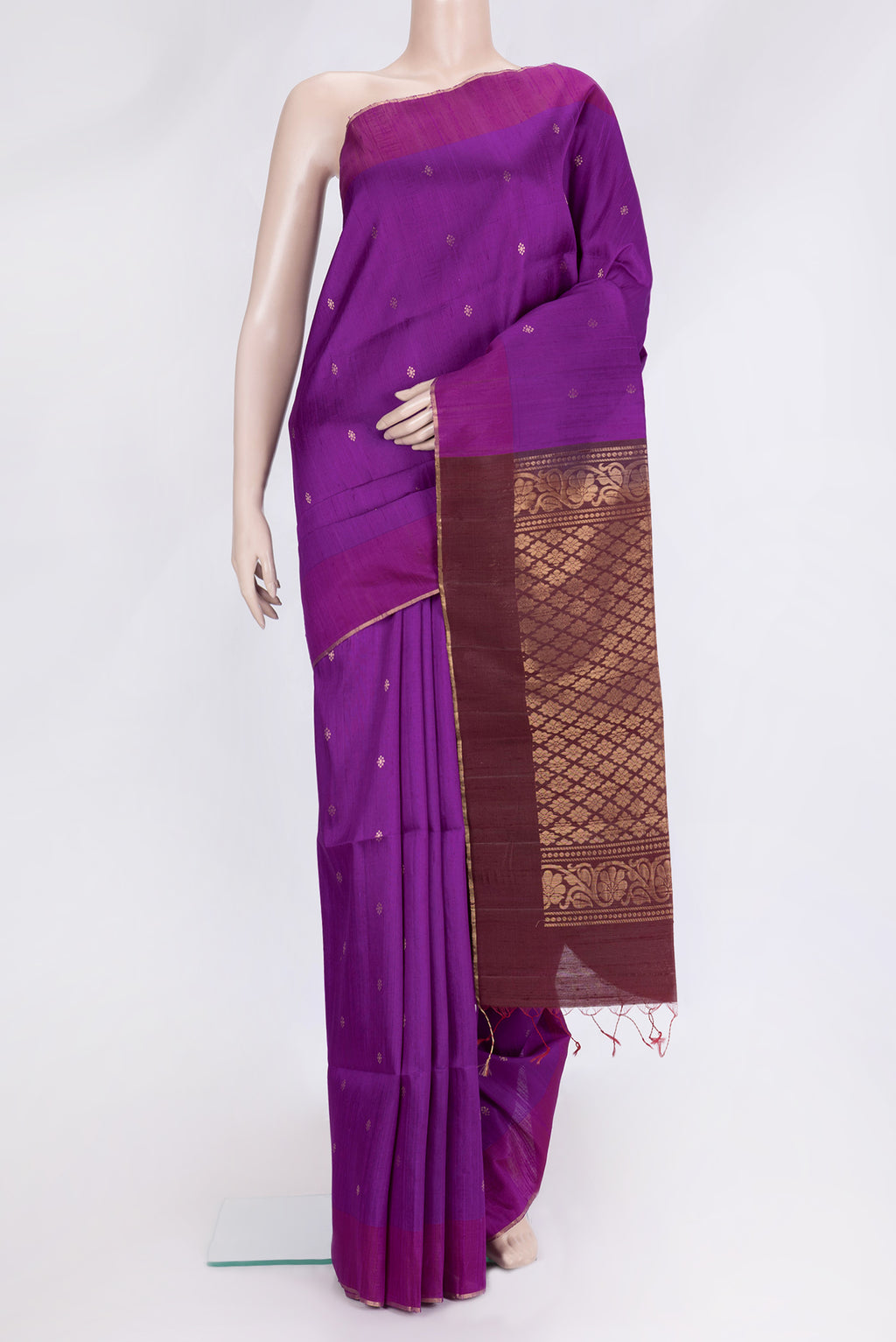 Peacock Blue Dual Tone Raw Silk Saree with Zari Butta on the body and Thin Zari Line.  displayed on a mannequin