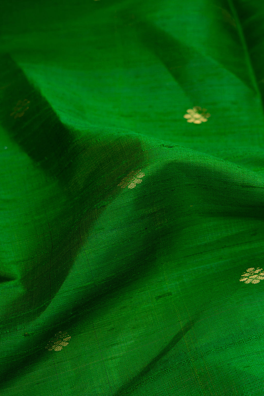 Close up of Green Dual Tone Raw Silk Saree with Zari Butta on the body and Plain Border.  displaying folds