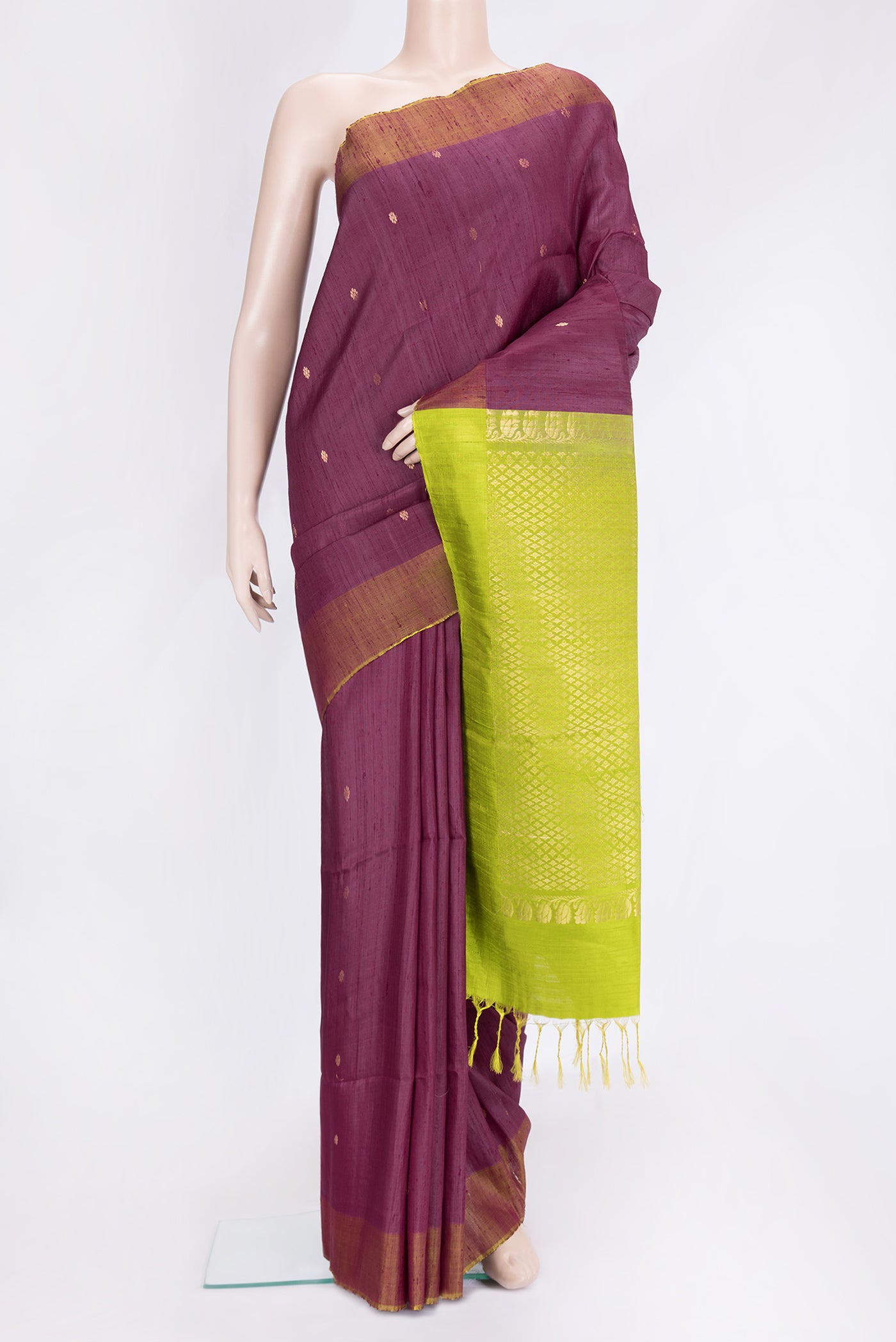Purple Dual Tone Raw Silk Saree with Zari Butta on the body and Plain Border.  displayed on a mannequin
