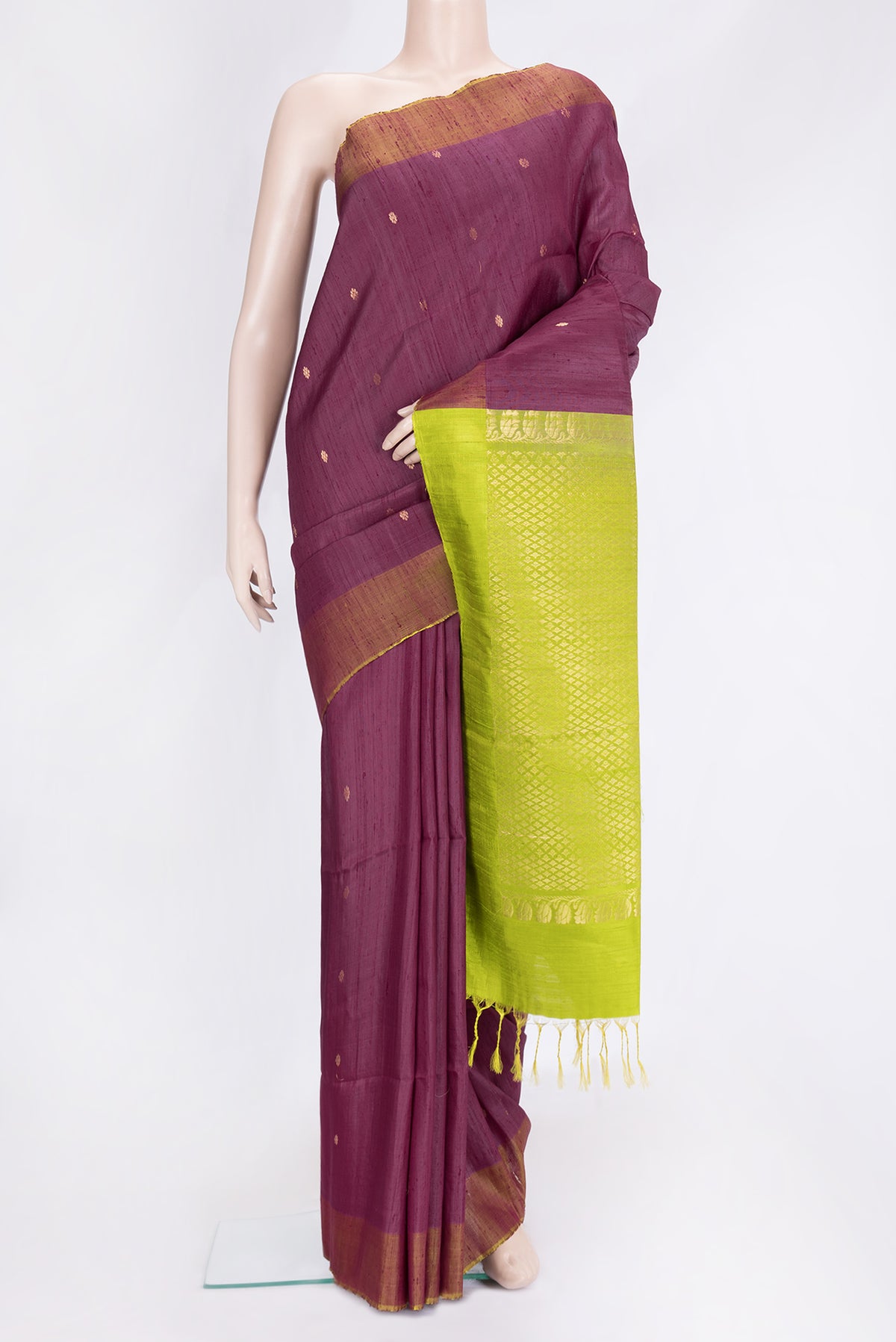 Purple Dual Tone Raw Silk Saree with Zari Butta on the body and Plain Border.  displayed on a mannequin
