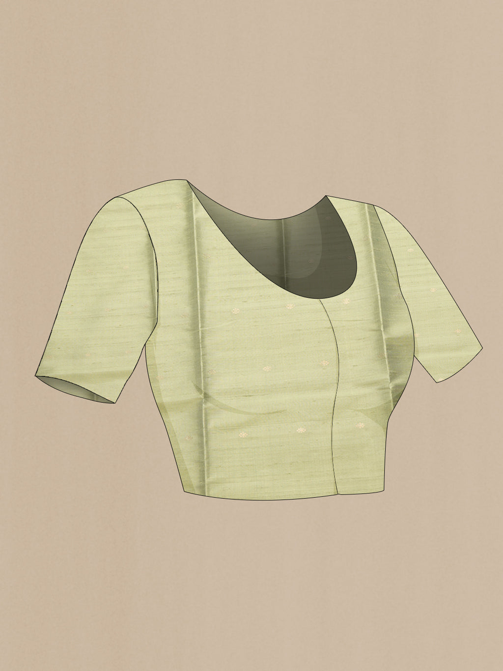 Close up image of the blouse of Bottle Green Dual Tone Raw Silk Saree with Zari Butta on the body and Thin Zari Line. 