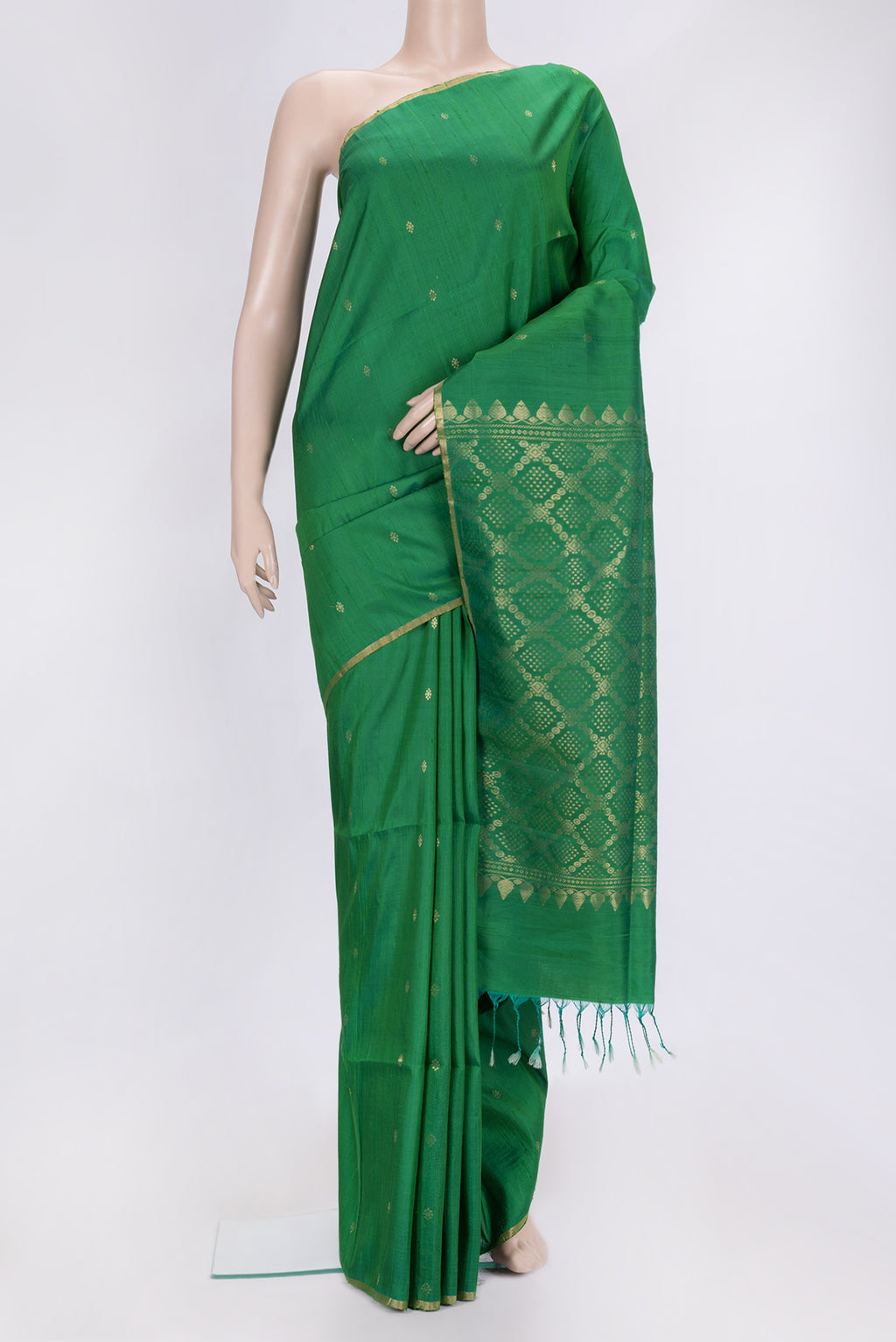 Bottle Green Dual Tone Raw Silk Saree with Zari Butta on the body and Thin Zari Line.  displayed on a mannequin