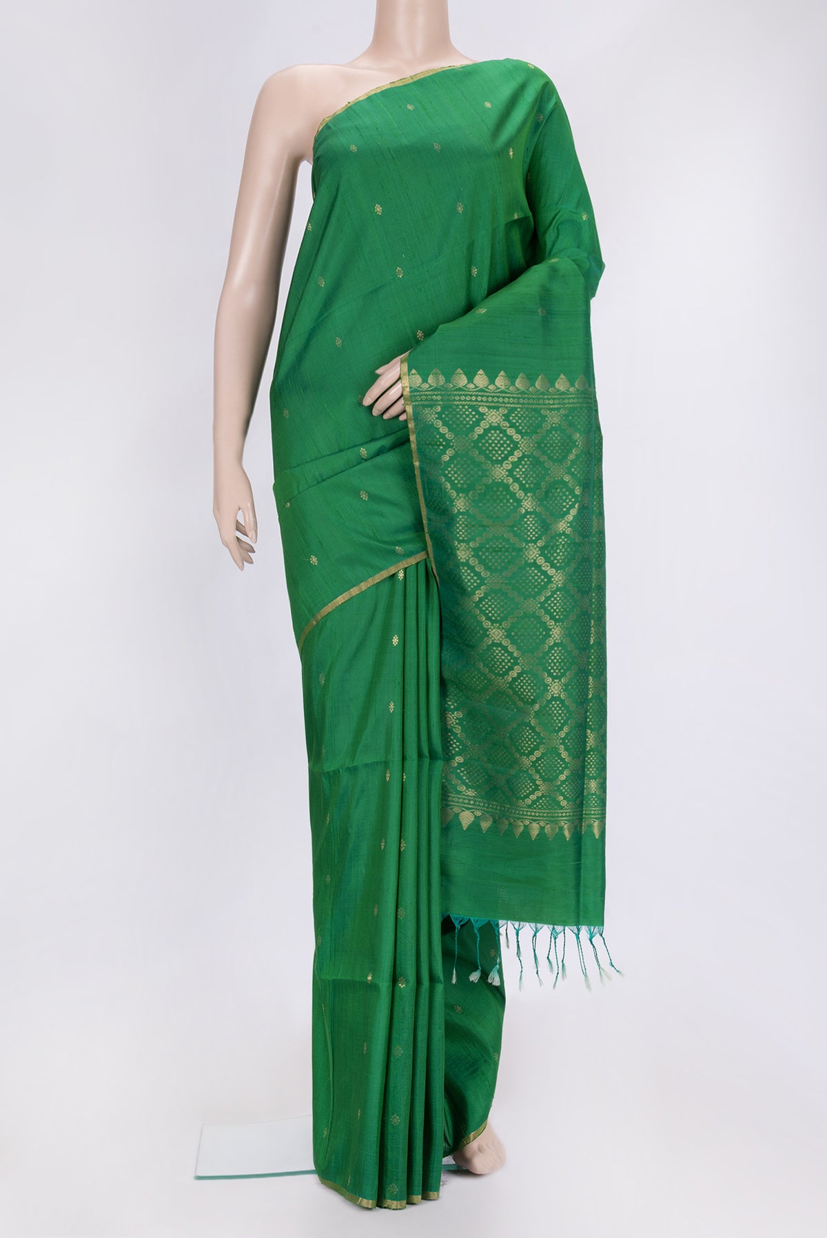 Bottle Green Dual Tone Raw Silk Saree with Zari Butta on the body and Thin Zari Line.  displayed on a mannequin
