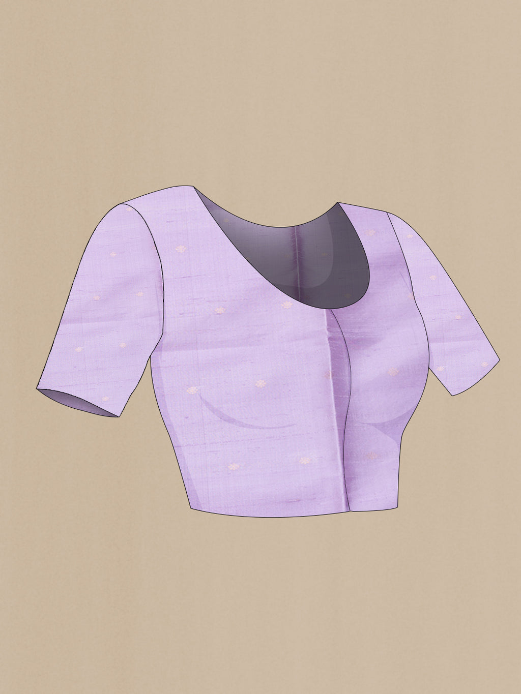Close up image of the blouse of Grey Dual Tone Raw Silk Saree with Zari Butta on the body and Zari Border. 