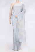 Grey Dual Tone Raw Silk Saree with Zari Butta on the body and Zari Border.  displayed on a mannequin