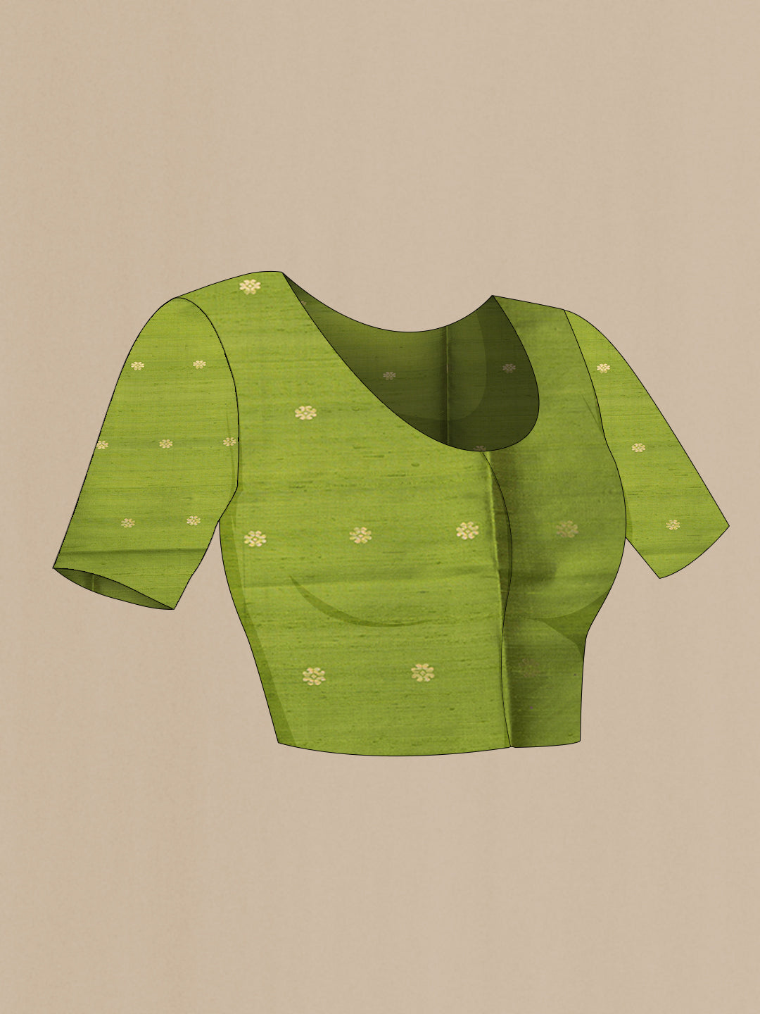 Close up image of the blouse of Brown Dual Tone Raw Silk Saree with Zari Butta on the body and Zari Border. 