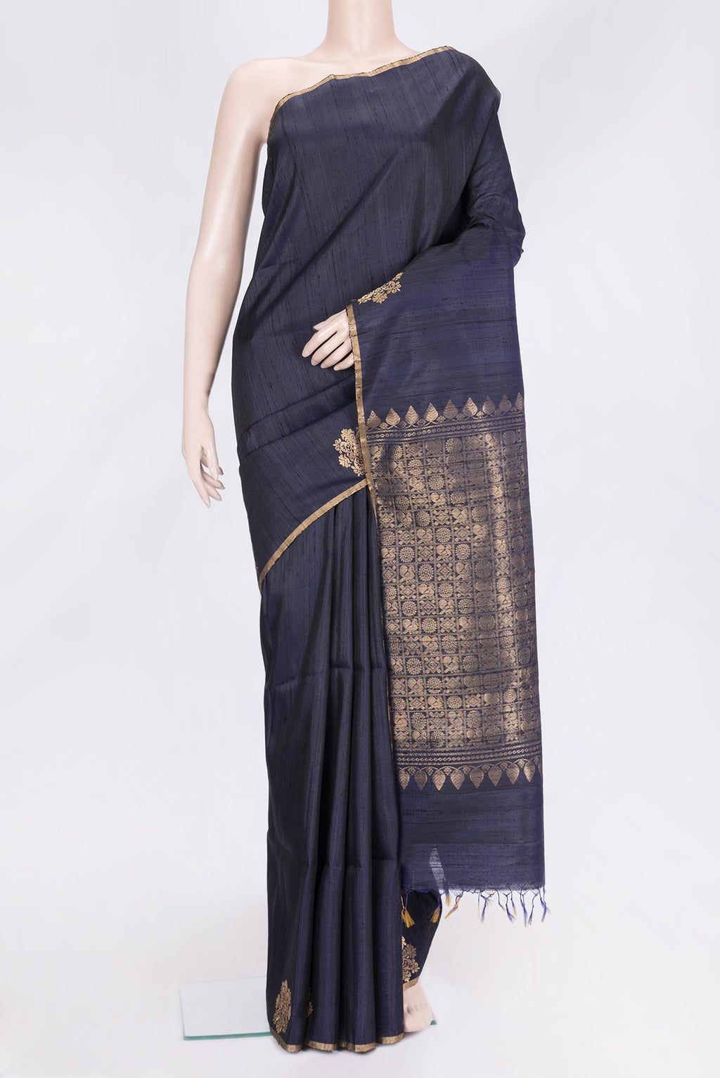 Navy Blue Dual Tone Raw Silk Saree with Plain Body and Fancy Border.  displayed on a mannequin