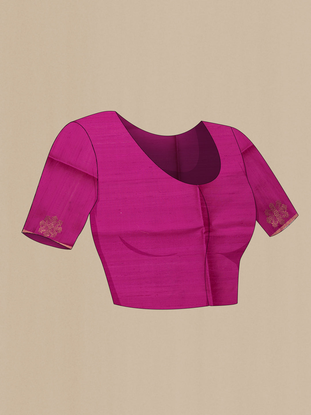 Close up image of the blouse of Mustard Dual Tone Raw Silk Saree with Plain Body and Fancy Border. 