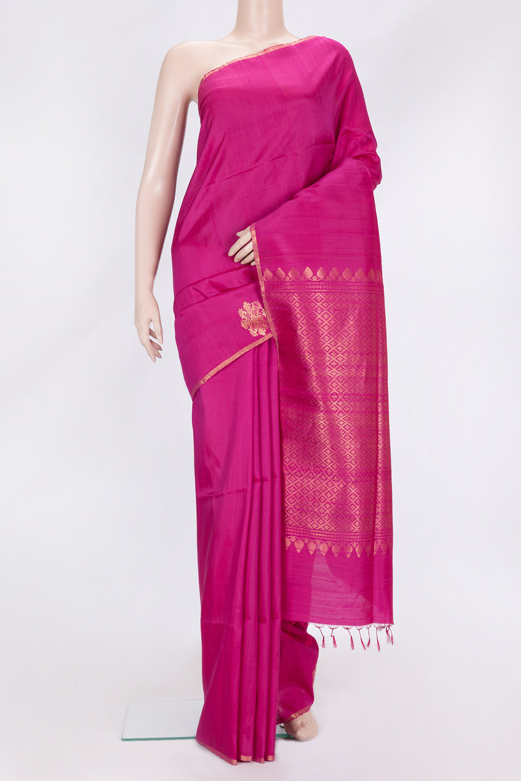 Pink Dual Tone Raw Silk Saree with Plain Body and Fancy Border.  displayed on a mannequin