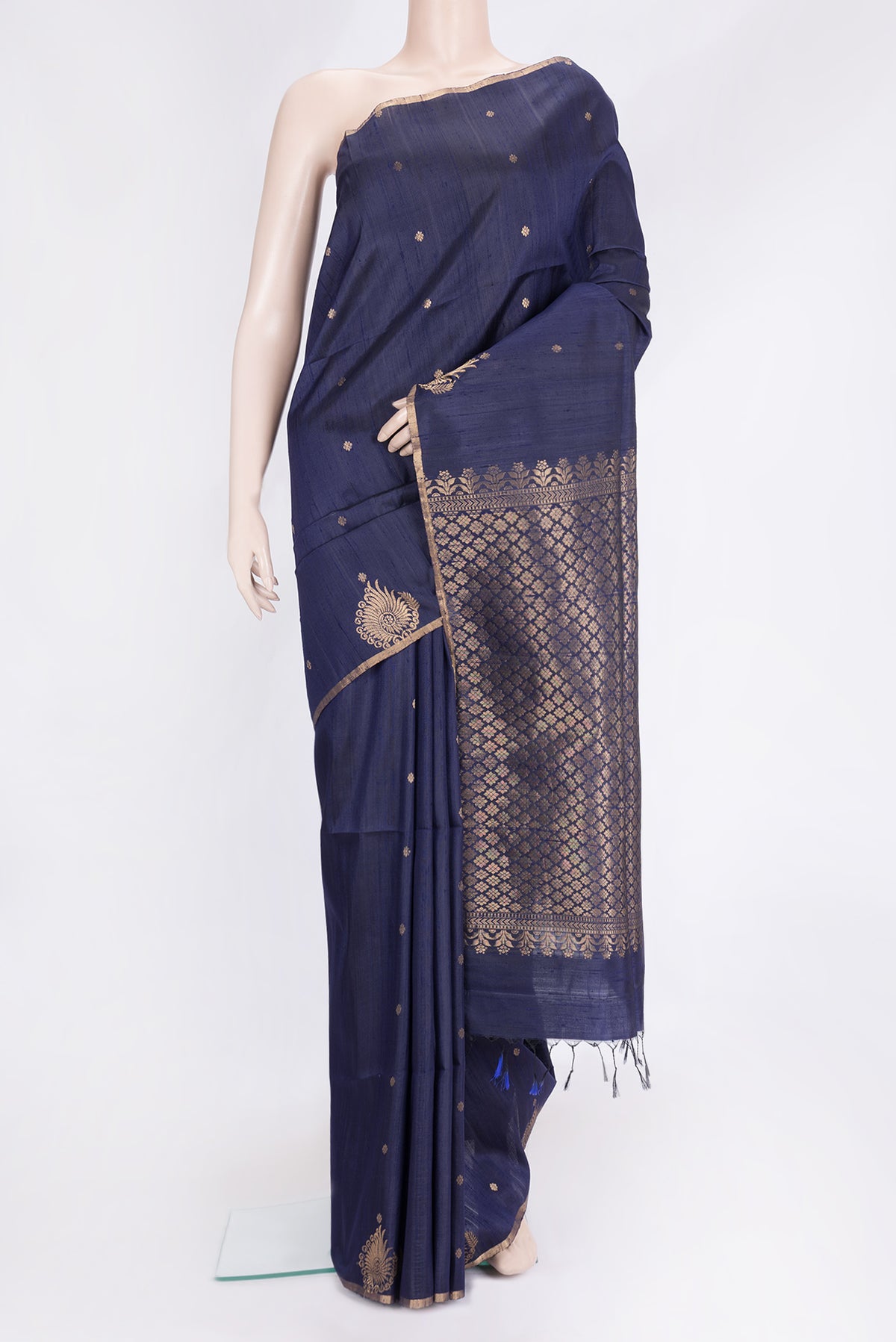 Navy Blue Dual Tone Raw Silk Saree with Zari Butta on the body and Fancy Border.  displayed on a mannequin