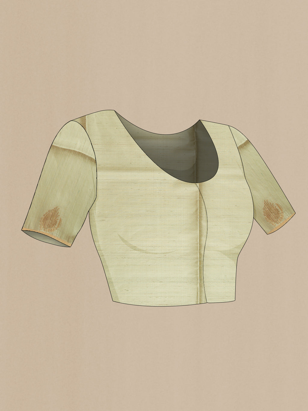 Close up image of the blouse of Parrot Green Dual Tone Raw Silk Saree with Zari Butta on the body and Fancy Border. 