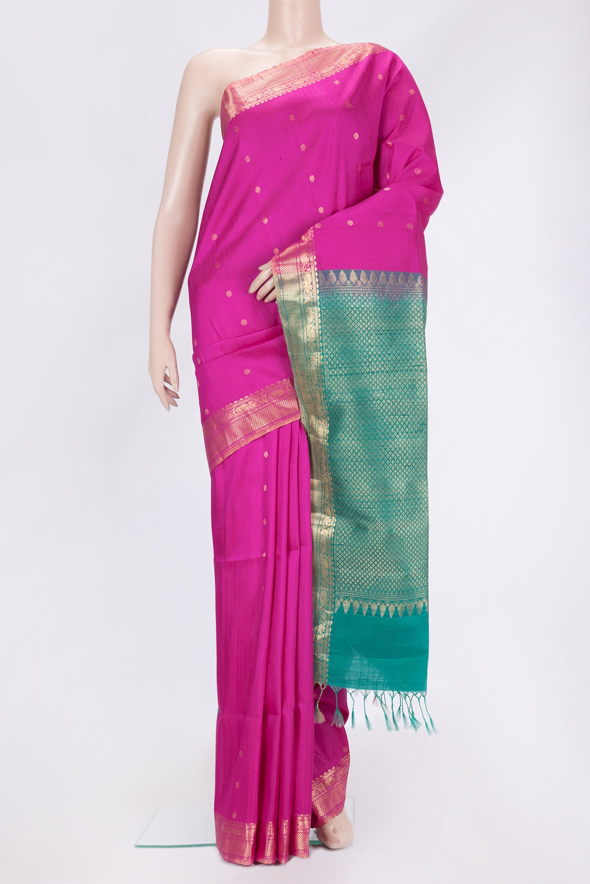 Pink Dual Tone Raw Silk Saree with Zari Butta on the body and Zari Border.  displayed on a mannequin