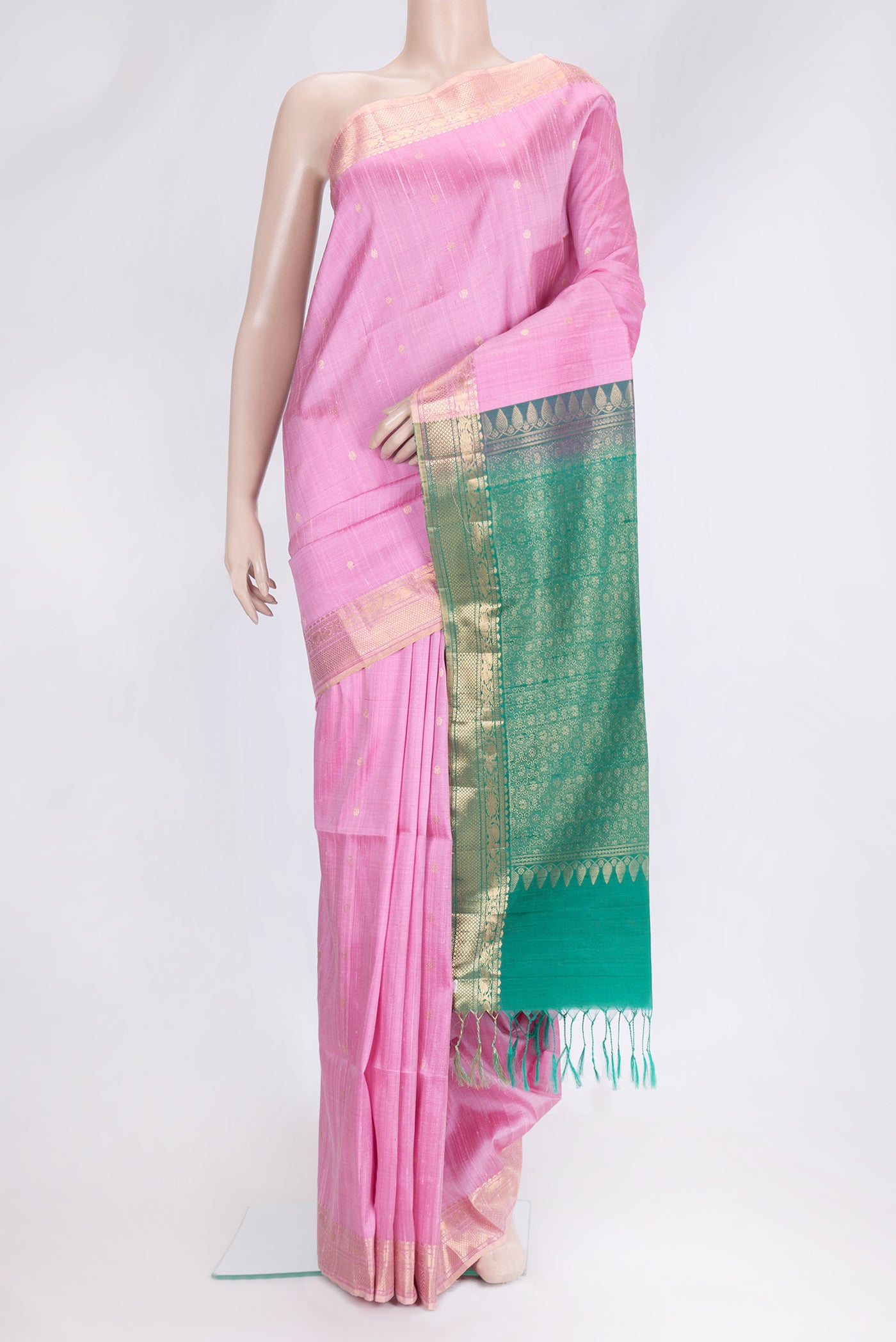 Pink Dual Tone Raw Silk Saree with Zari Butta on the body and Zari Border.  displayed on a mannequin