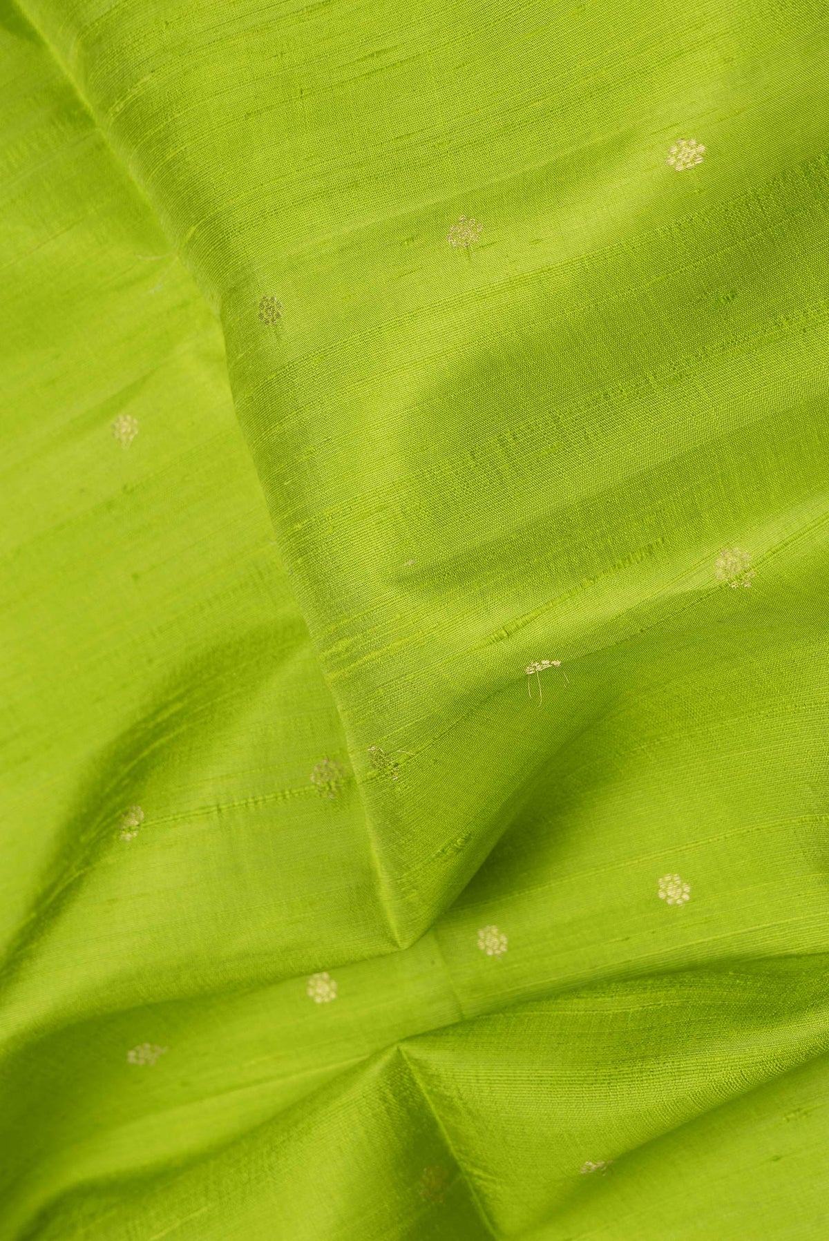 Close up of Parrot Green Dual Tone Raw Silk Saree with Plain Body and Zari Border.  displaying folds