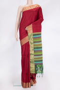 Maroon Dual Tone Raw Silk Saree with Plain Body and Zari Border.  displayed on a mannequin
