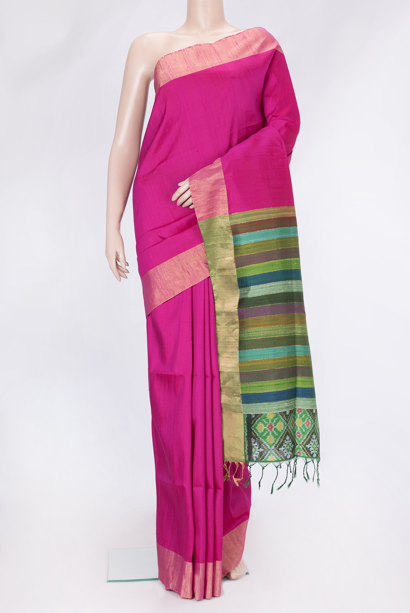 Dark Pink Dual Tone Raw Silk Saree with Plain Body and Zari Border.  displayed on a mannequin