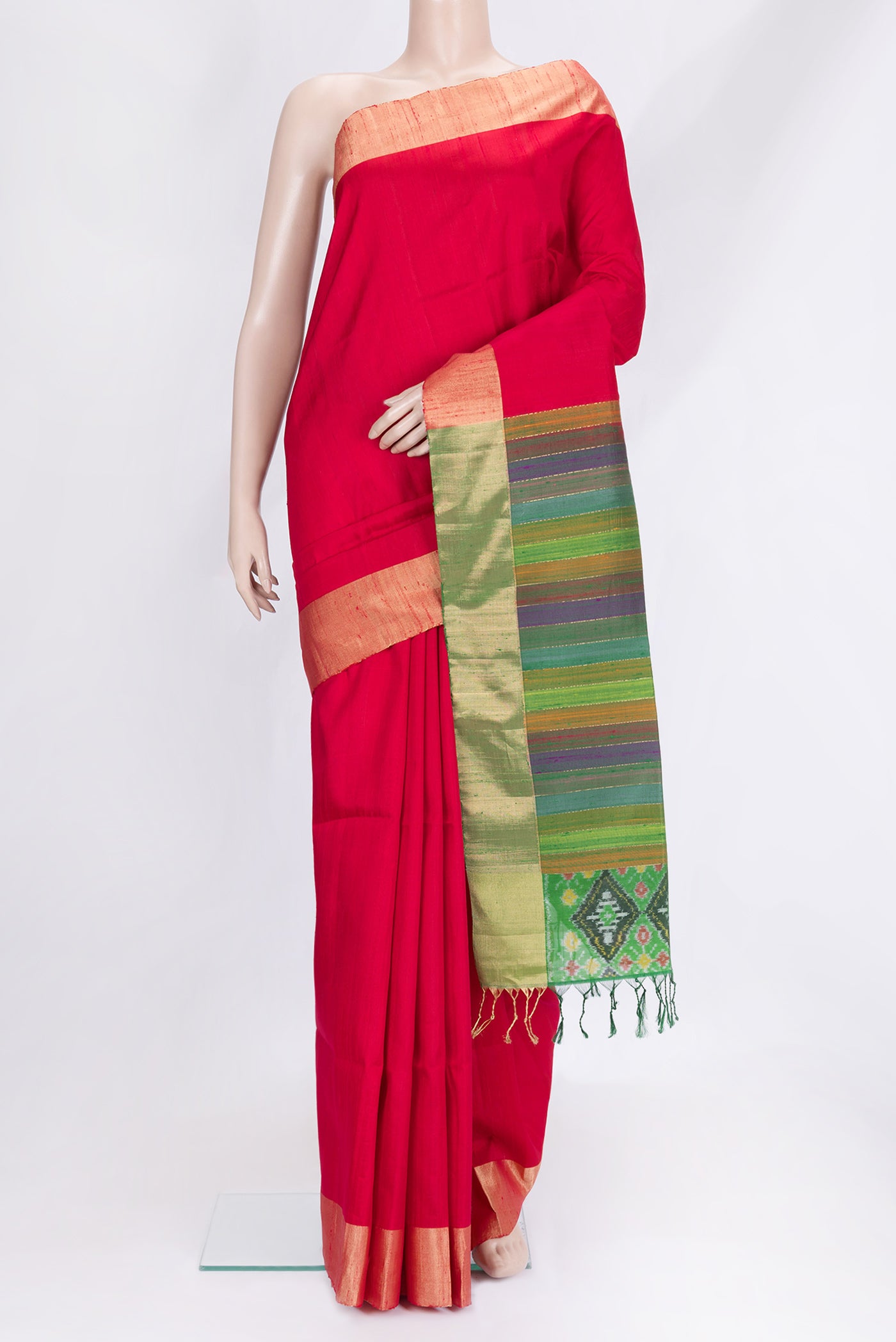 Dark Pink Dual Tone Raw Silk Saree with Plain Body and Zari Border.  displayed on a mannequin