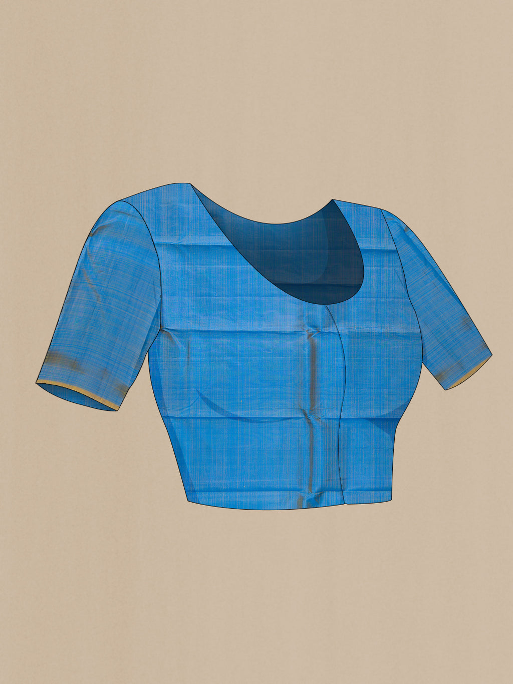 Close up image of the blouse of Peacock Blue Kanchipuram Silk Saree with Zari Butta on the body and Zari Border. 