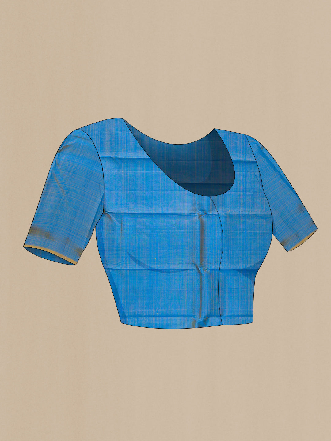 Close up image of the blouse of Peacock Blue Kanchipuram Silk Saree with Zari Butta on the body and Zari Border. 