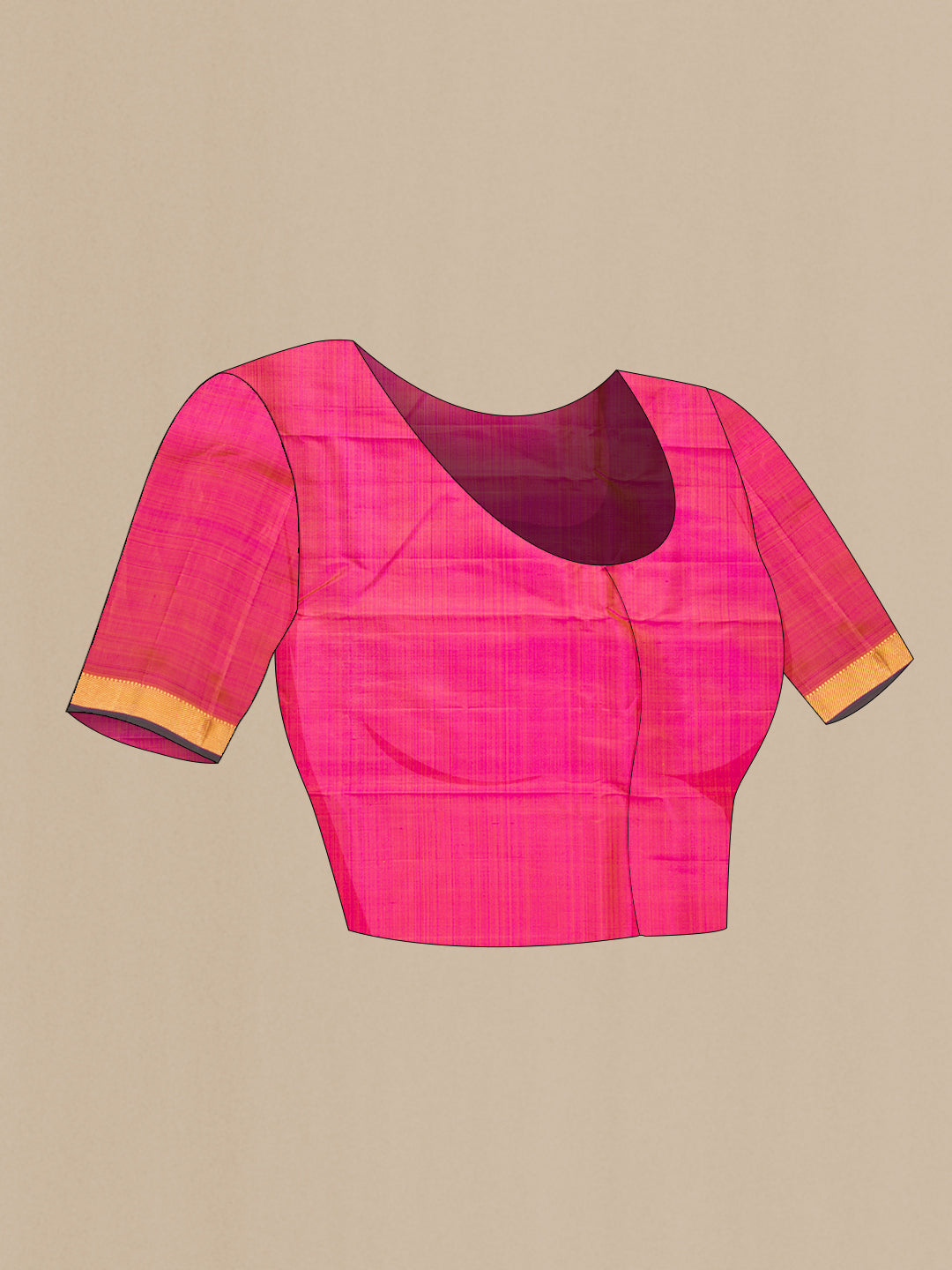 Close up image of the blouse of Magenta Kanchipuram Silk Saree with Zari Butta on the body and Zari Border. 