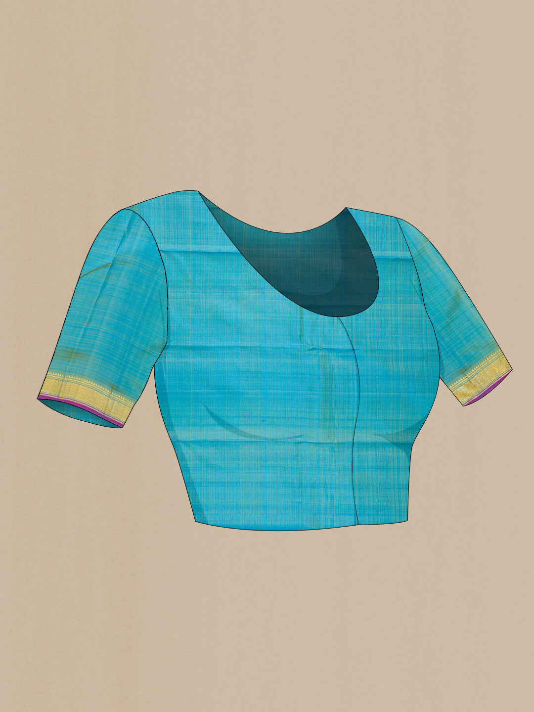 Close up image of the blouse of Royal Blue Kanchipuram Silk Saree with Zari Butta on the body and Zari Border. 